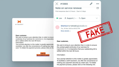 Screenshots of fraudulent emails posturing as SiteHost titled 