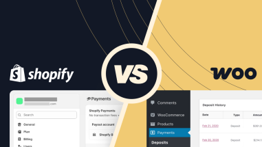 Custom graphic with a screenshot of a Shopify store on the left and a WooCommerce store on the right. The respective company logos are above each screenshot.