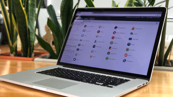 cPanel interface open on a laptop in an office.